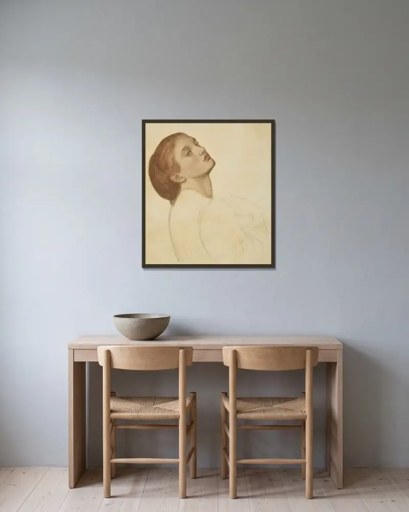 Studie für ‚Marigolds – The Bower Maiden, Fleur-de-Marie‘ von Dante Gabriel Rossetti gerahmt an einer Wand