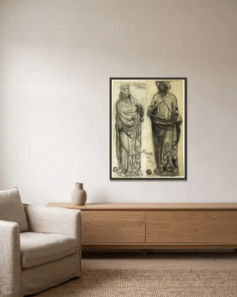 Två studier av medeltida skulptur av Dante Gabriel Rossetti inramad på en vägg