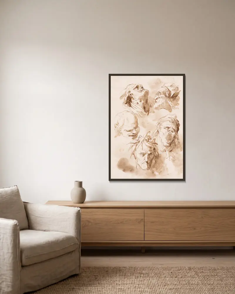 Five Grotesque Heads – nr 1 av Gaetano Gandolfi inramad på en vägg
