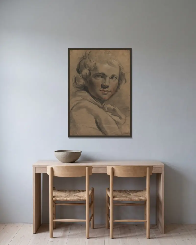 Huvud av en ung man (recto) av Gaetano Gandolfi inramad på en vägg