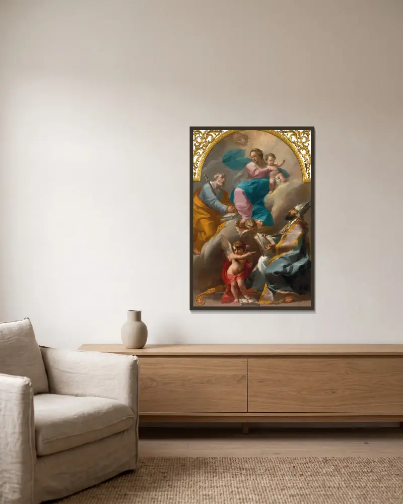 Die heilige Familie mit dem heiligen Augustinus von Gaetano Gandolfi gerahmt an einer Wand