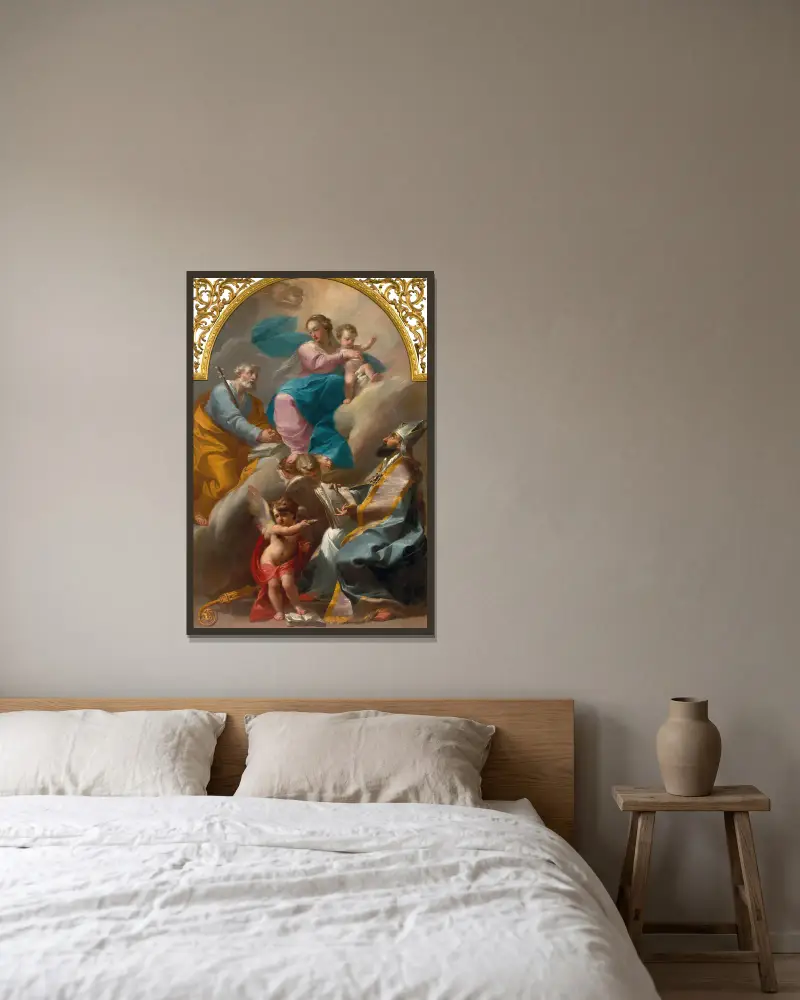 Die heilige Familie mit dem heiligen Augustinus von Gaetano Gandolfi gerahmt an einer Wand
