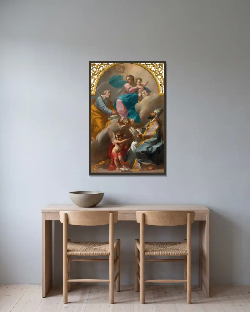 Die heilige Familie mit dem heiligen Augustinus von Gaetano Gandolfi gerahmt an einer Wand