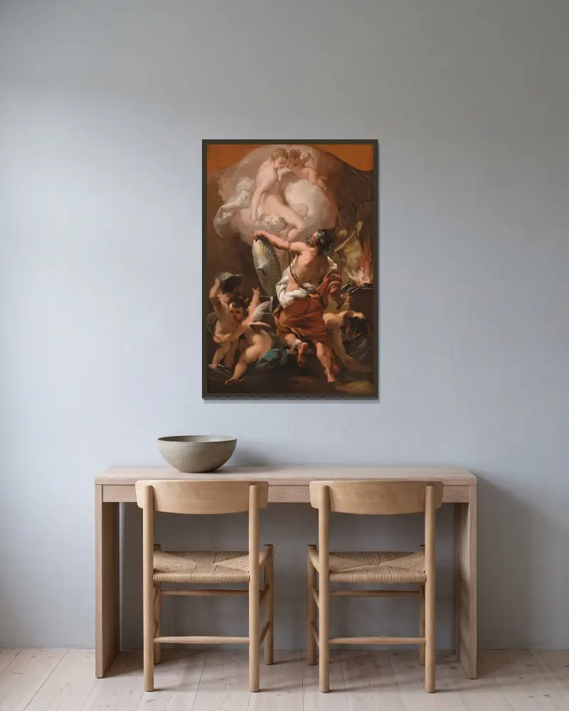 Venus beställer rustning åt Aeneas i Vulkans smedja, 1775 av Gaetano Gandolfi inramad på en vägg