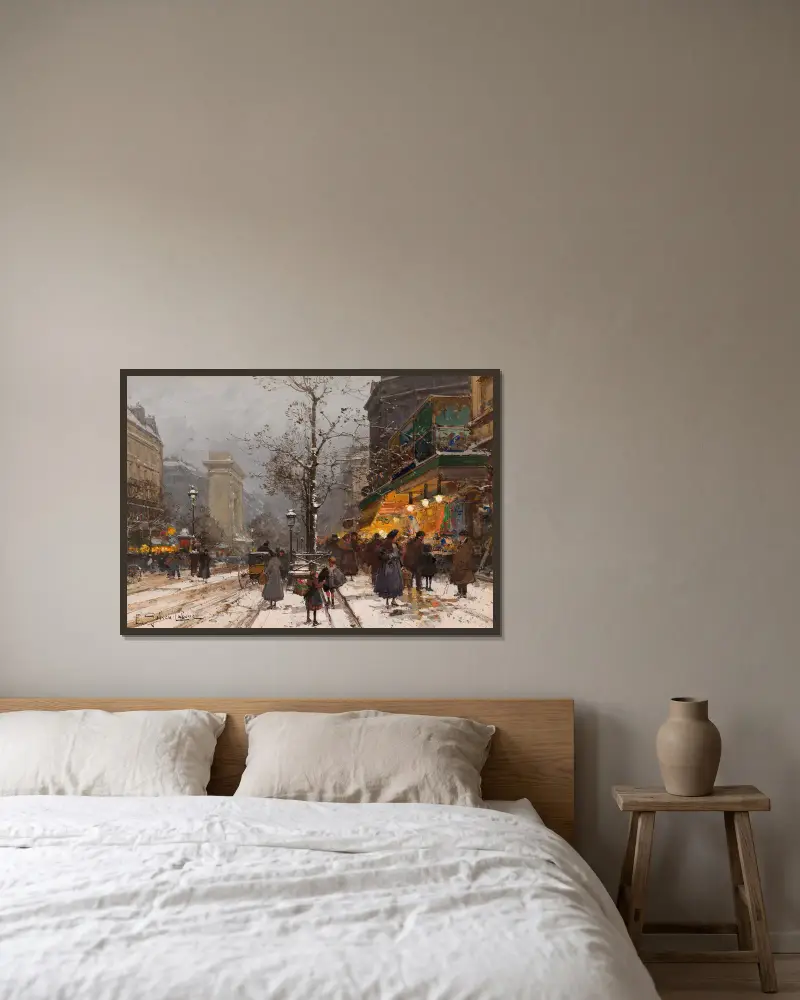 Boulevard Bonne-Nouvelle i snö av Eugène Galien-Laloue inramad på en vägg