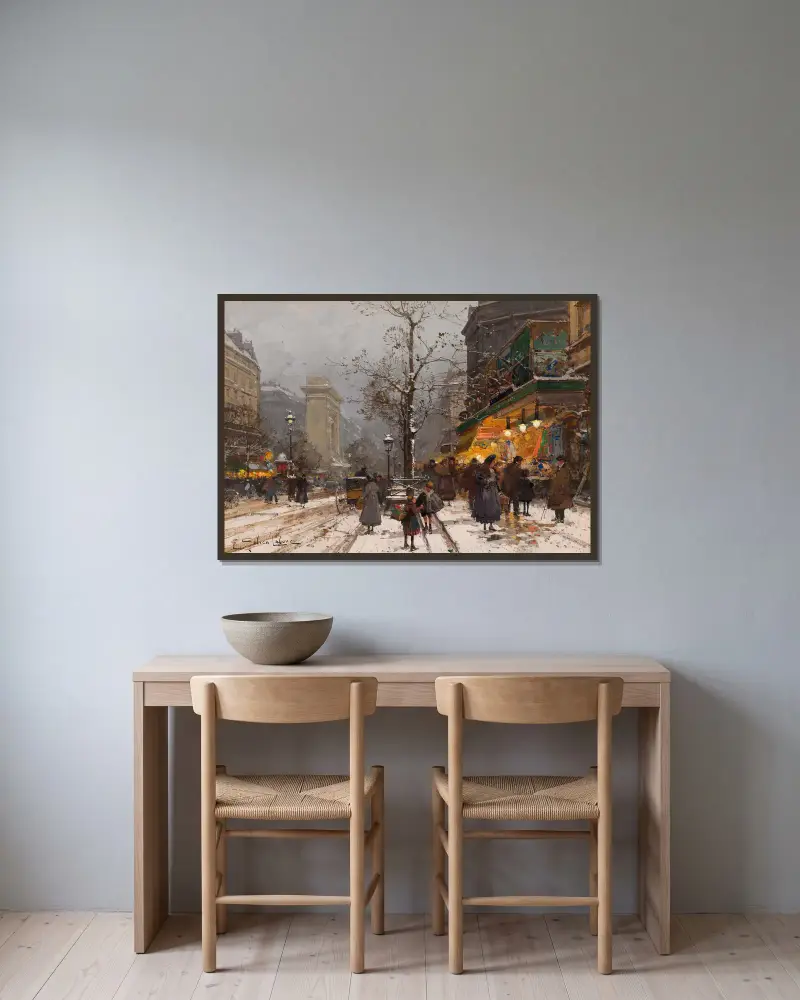 Boulevard Bonne-Nouvelle i snö av Eugène Galien-Laloue inramad på en vägg