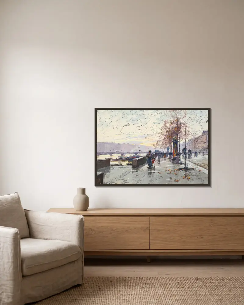 Figurer vid Quai du Louvre, Paris av Eugène Galien-Laloue inramad på en vägg