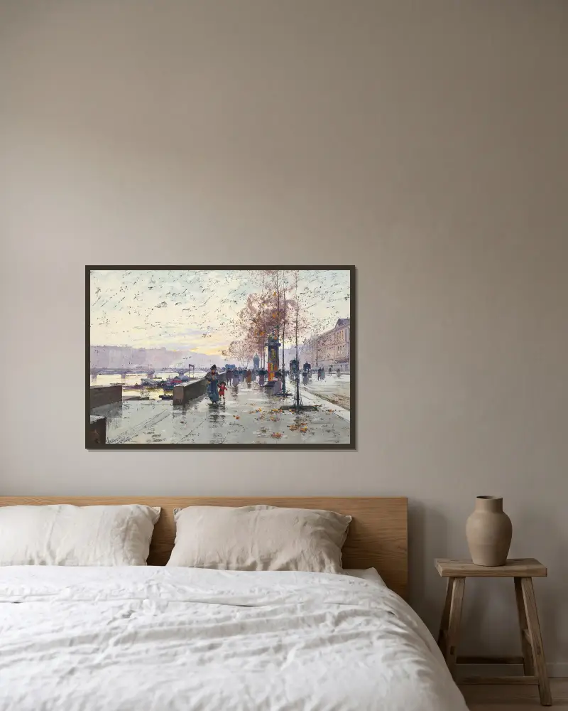 Figurer vid Quai du Louvre, Paris av Eugène Galien-Laloue inramad på en vägg