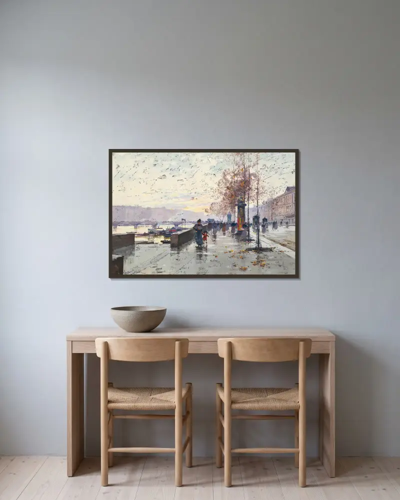 Figurer vid Quai du Louvre, Paris av Eugène Galien-Laloue inramad på en vägg