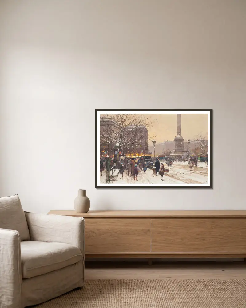Figurer i snön, Place de la Concorde, Paris av Eugène Galien-Laloue inramad på en vägg