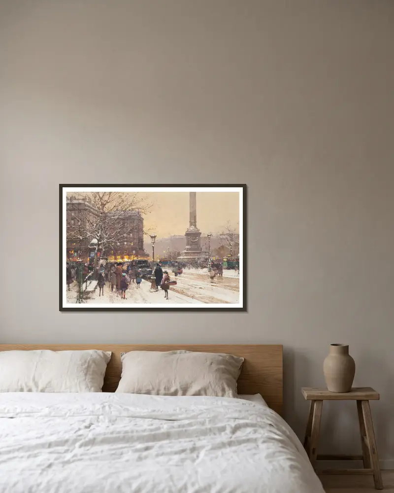 Figurer i snön, Place de la Concorde, Paris av Eugène Galien-Laloue inramad på en vägg