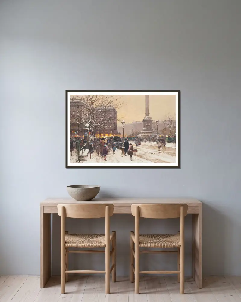 Figurer i snön, Place de la Concorde, Paris av Eugène Galien-Laloue inramad på en vägg