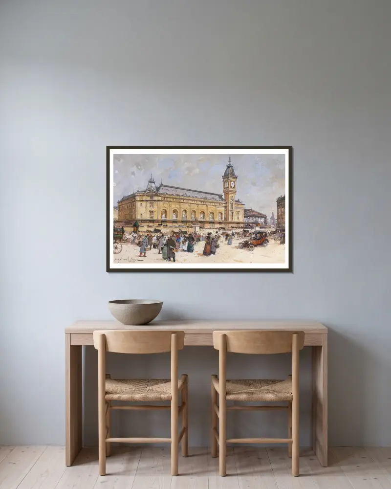 Gare de Lyon av Eugène Galien-Laloue inramad på en vägg