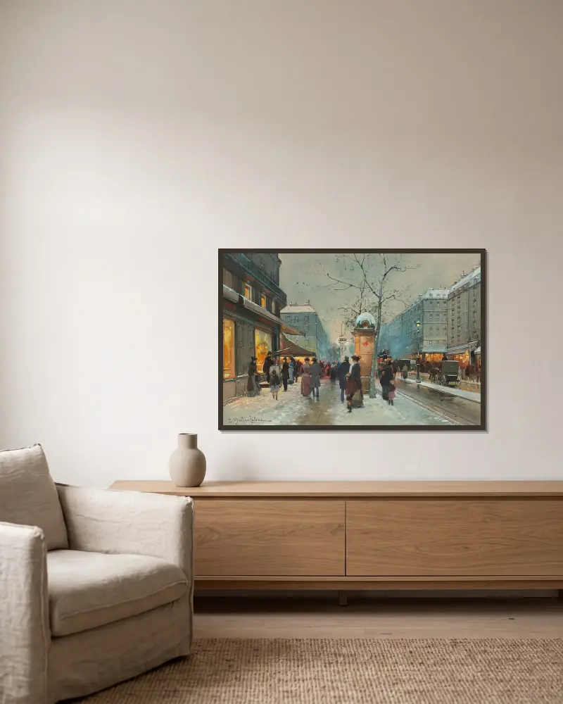 Grands Boulevards i snö i skymningen av Eugène Galien-Laloue inramad på en vägg
