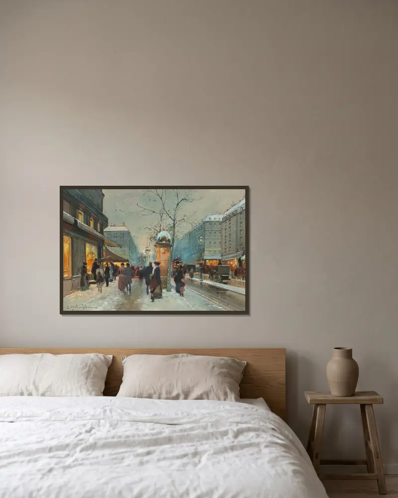 Grands Boulevards i snö i skymningen av Eugène Galien-Laloue inramad på en vägg