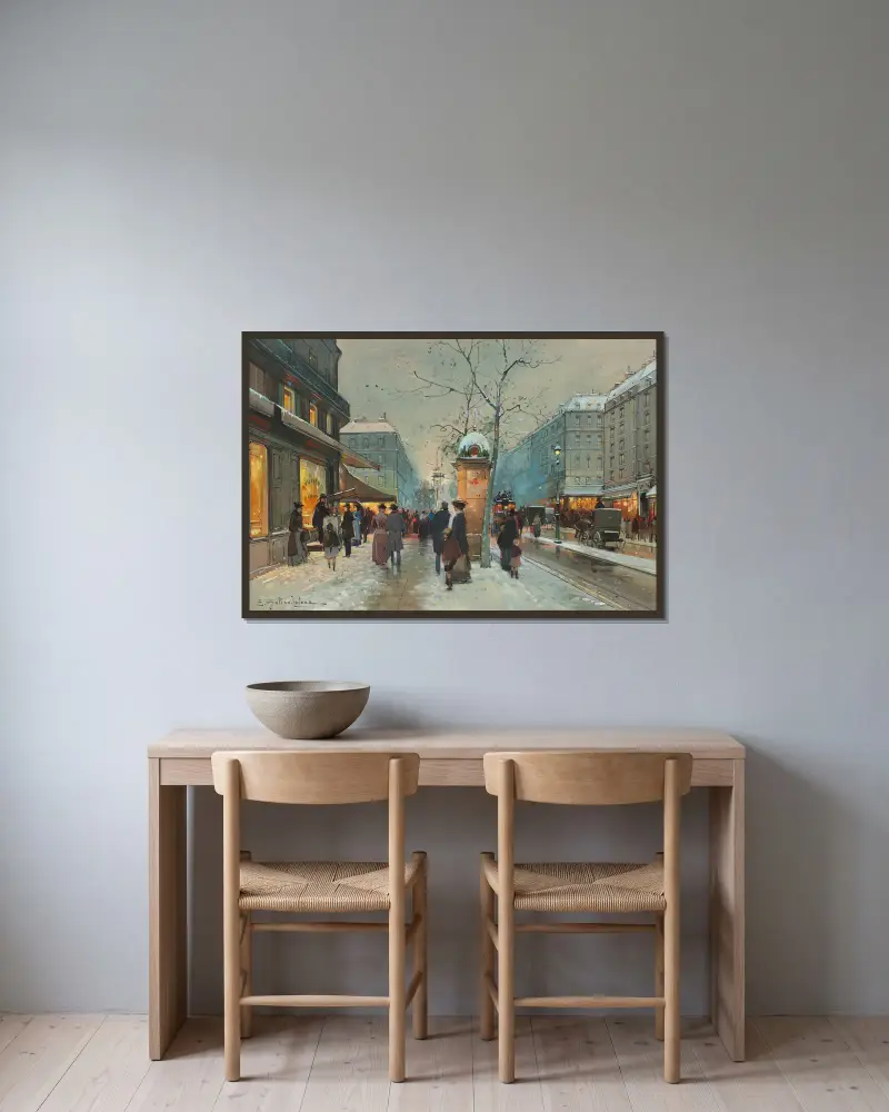 Grands Boulevards i snö i skymningen av Eugène Galien-Laloue inramad på en vägg