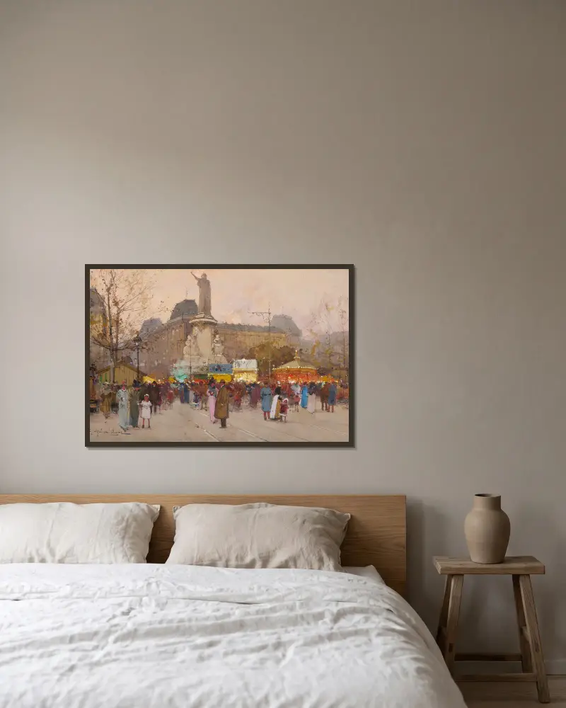 Place de la République, Paris av Eugène Galien-Laloue inramad på en vägg