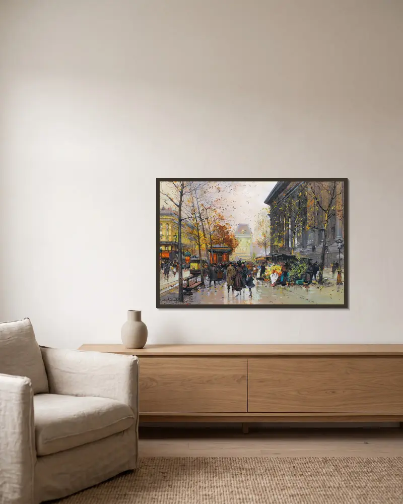 Blomstermarknaden vid La Madeleine av Eugène Galien-Laloue inramad på en vägg