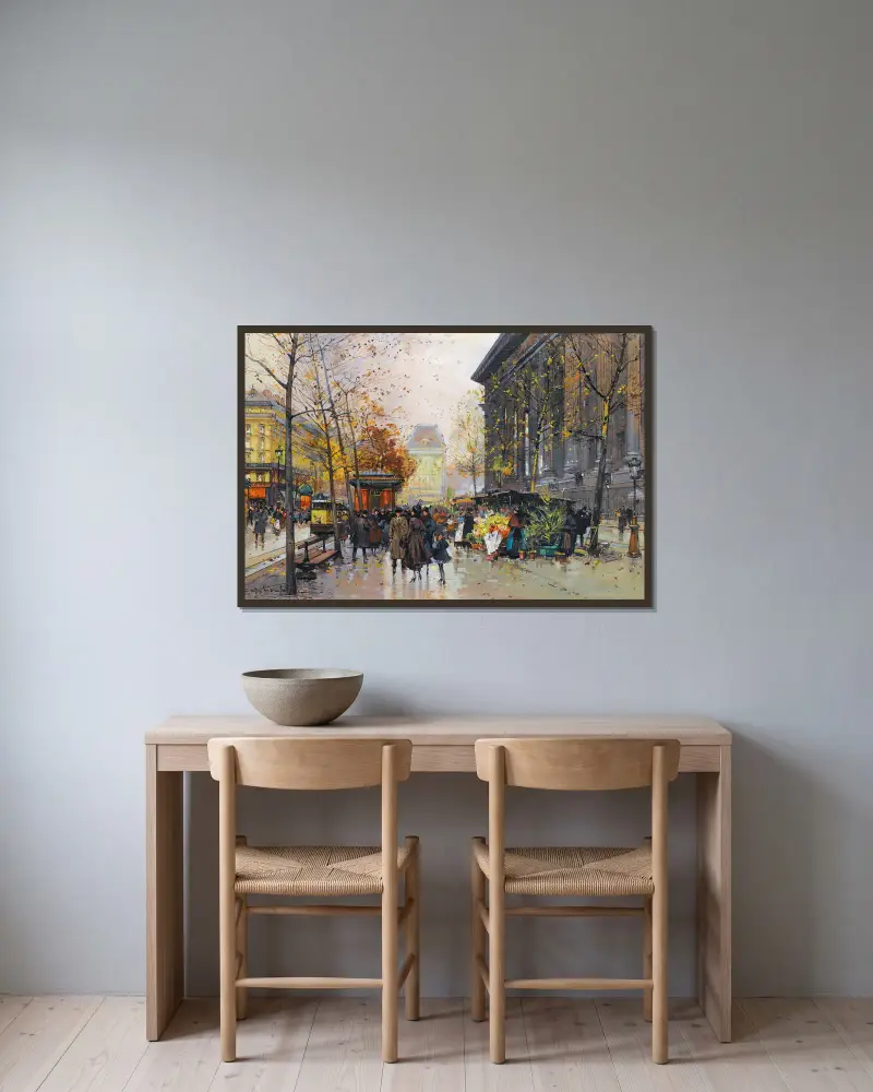 Blomstermarknaden vid La Madeleine av Eugène Galien-Laloue inramad på en vägg