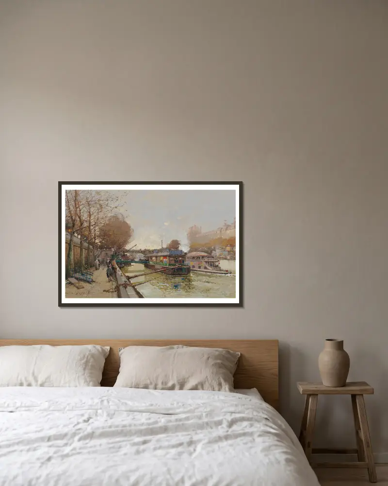 Kajen vid Seine av Eugène Galien-Laloue inramad på en vägg