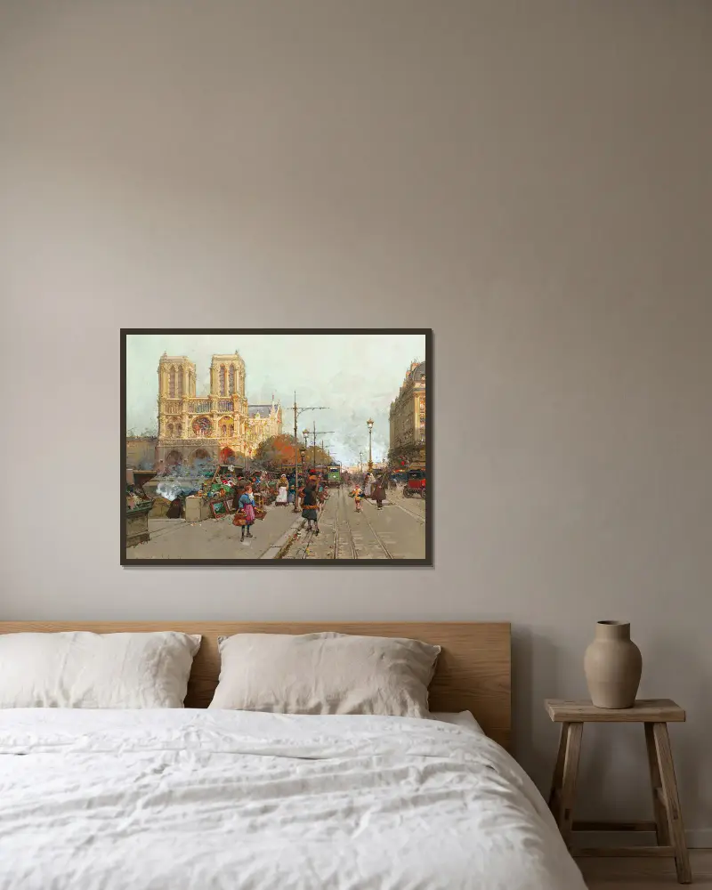 Notre-Dame de Paris, vy från Quai de Montebello av Eugène Galien-Laloue inramad på en vägg