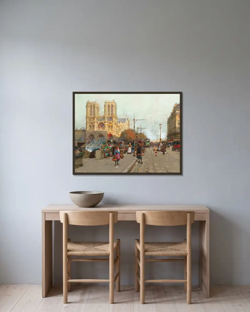 Notre-Dame de Paris, vy från Quai de Montebello av Eugène Galien-Laloue inramad på en vägg