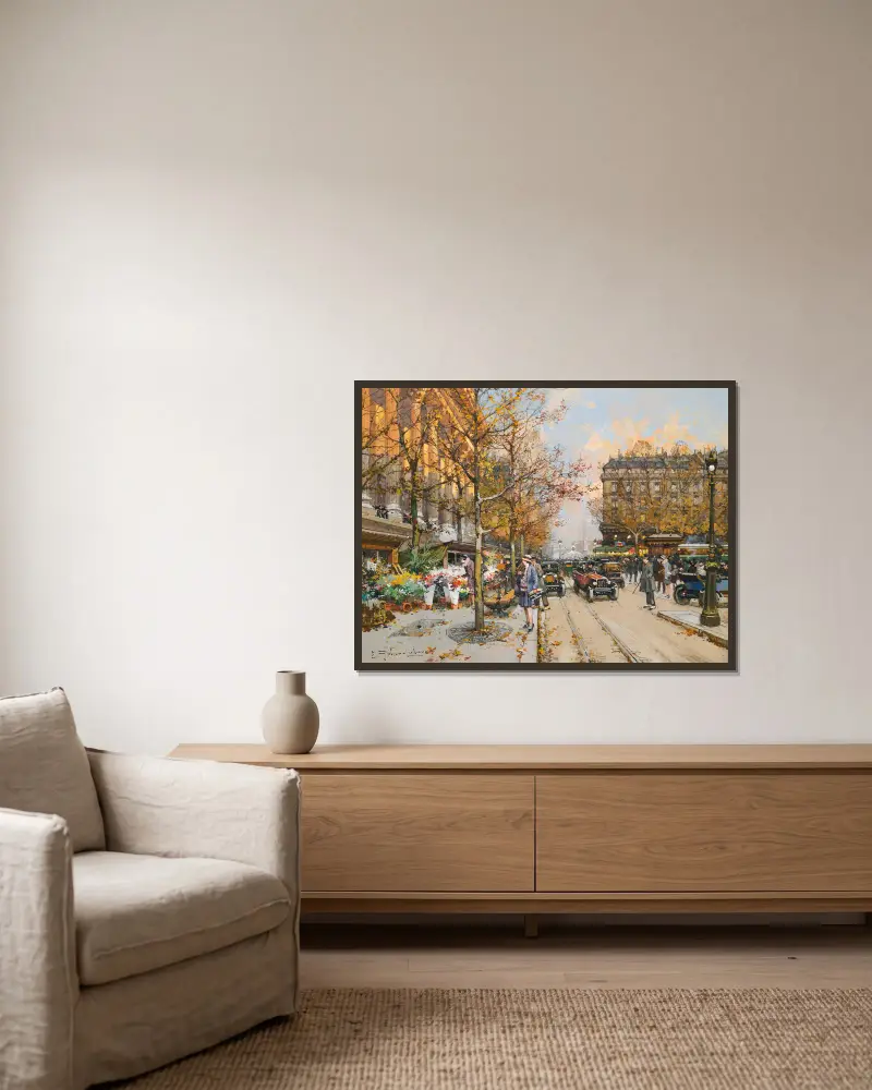 Place De La Madeleine av Eugène Galien-Laloue inramad på en vägg