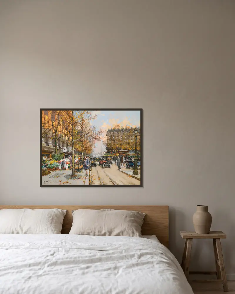 Place De La Madeleine av Eugène Galien-Laloue inramad på en vägg