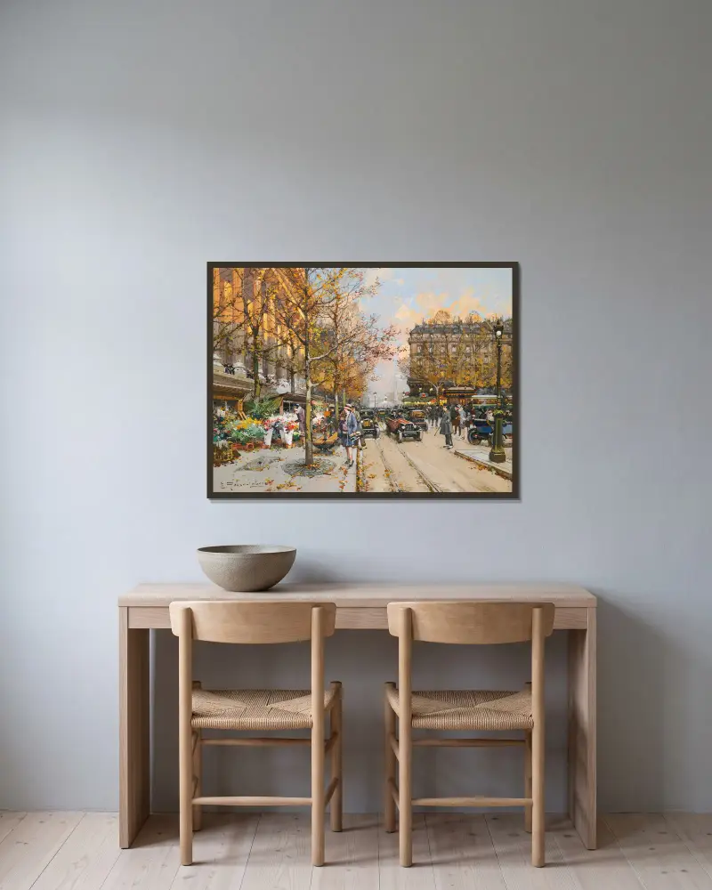 Place De La Madeleine av Eugène Galien-Laloue inramad på en vägg