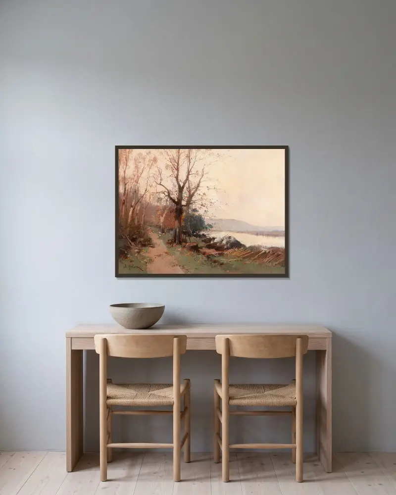 River Landscape av Eugène Galien-Laloue inramad på en vägg