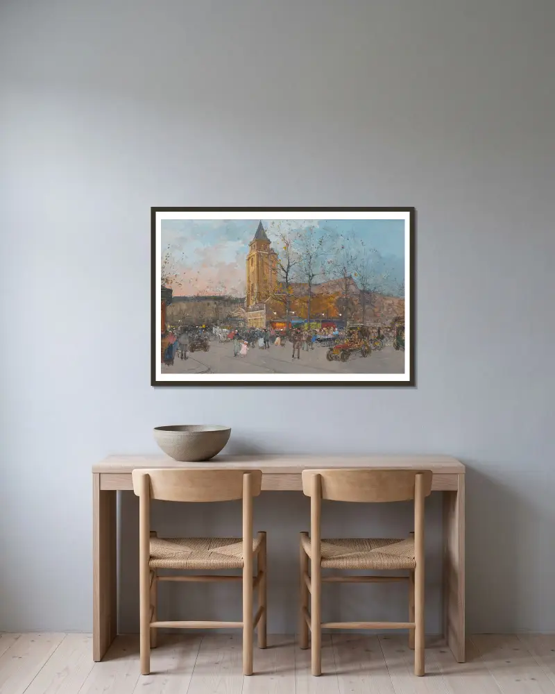 Saint-Germain-des-Prés, Paris av Eugène Galien-Laloue inramad på en vägg