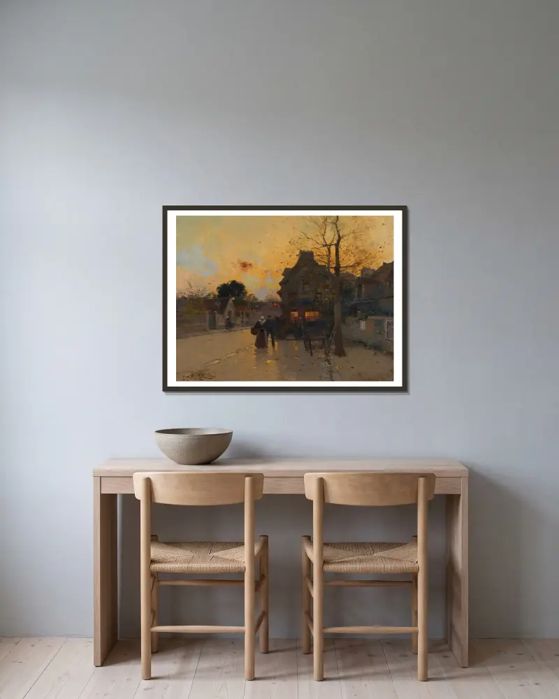 By, en höstkväll av Eugène Galien-Laloue inramad på en vägg