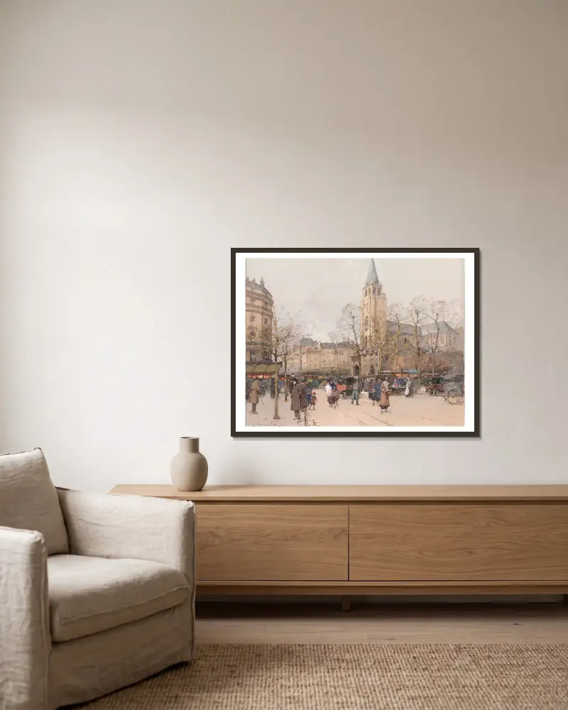 Vy över boulevarderna vid Saint-Germain-des-Prés av Eugène Galien-Laloue inramad på en vägg