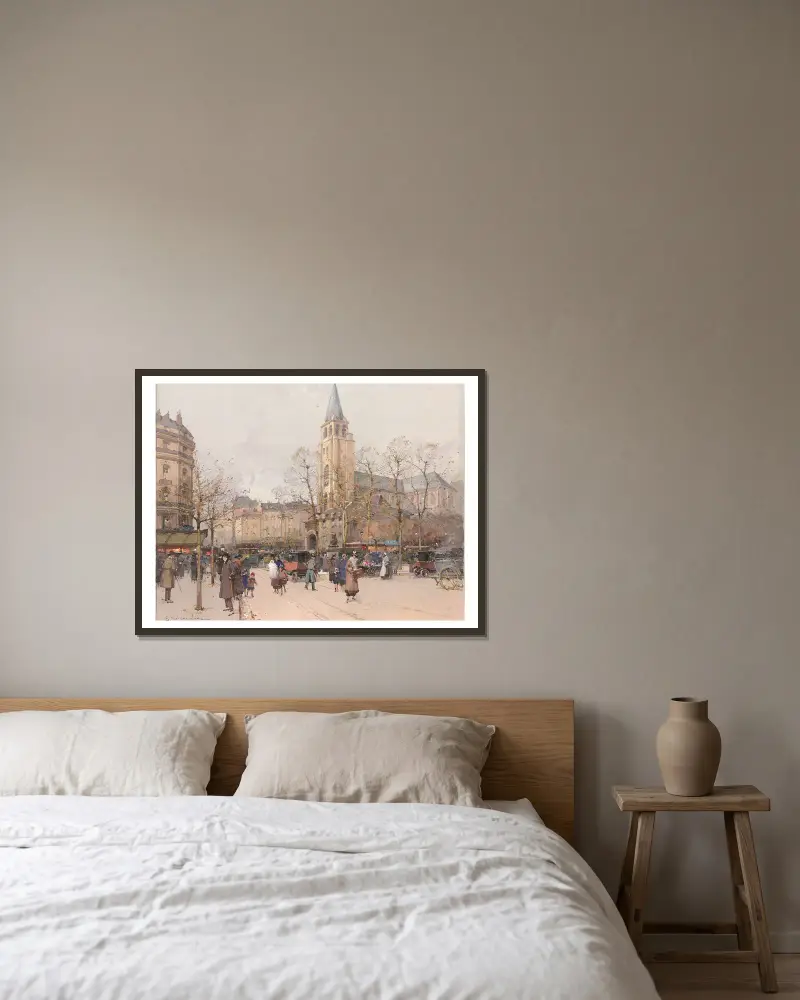 Vy över boulevarderna vid Saint-Germain-des-Prés av Eugène Galien-Laloue inramad på en vägg