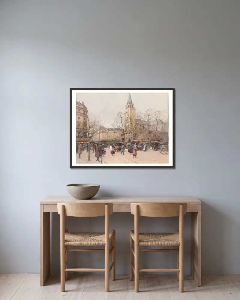 Vy över boulevarderna vid Saint-Germain-des-Prés av Eugène Galien-Laloue inramad på en vägg