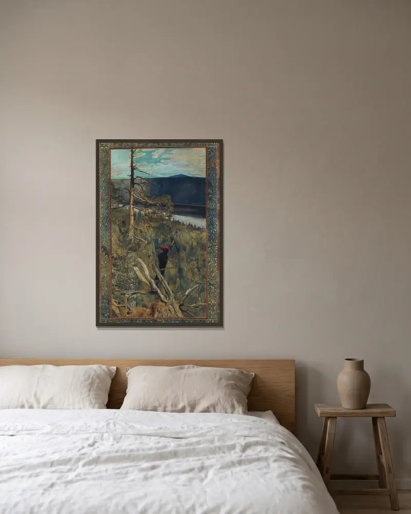 Der Schwarzspecht von Akseli Gallen-Kallela gerahmt an einer Wand