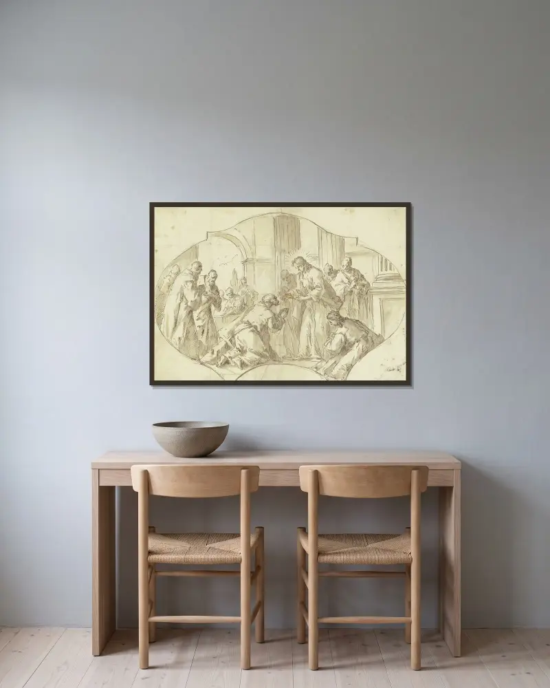 Christus reicht den Aposteln das Abendmahl von Gaspare Diziani gerahmt an einer Wand