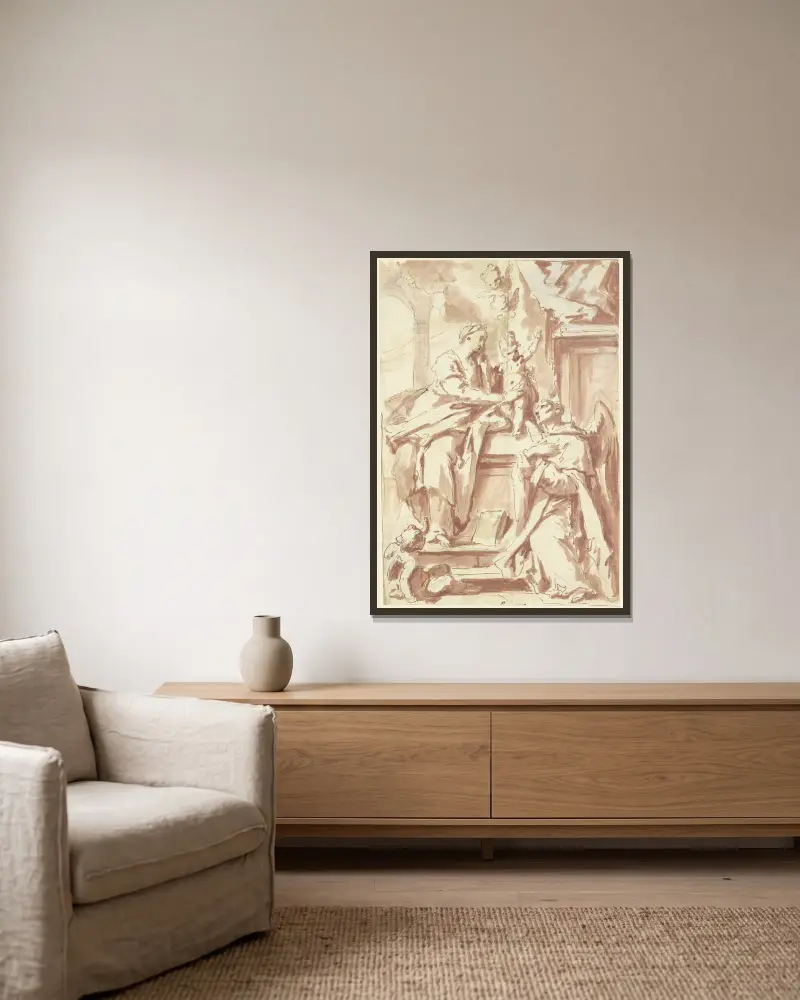 Ein Mönch mit Flügeln verehrt die Madonna von Gaspare Diziani gerahmt an einer Wand