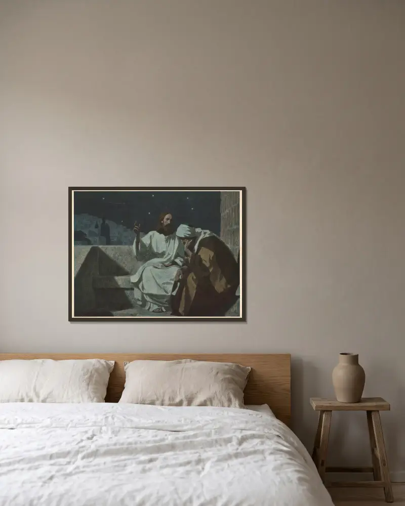 Jesus och Nikodemus av Gebhard Fugel inramad på en vägg