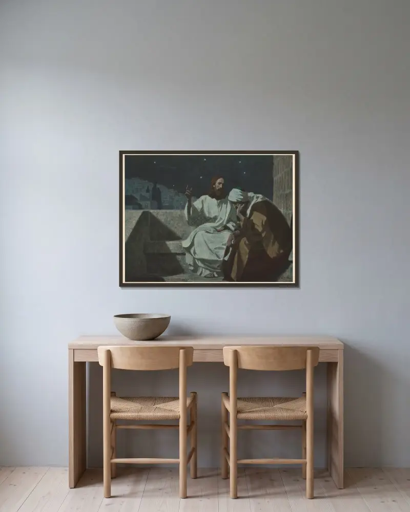 Jesus och Nikodemus av Gebhard Fugel inramad på en vägg