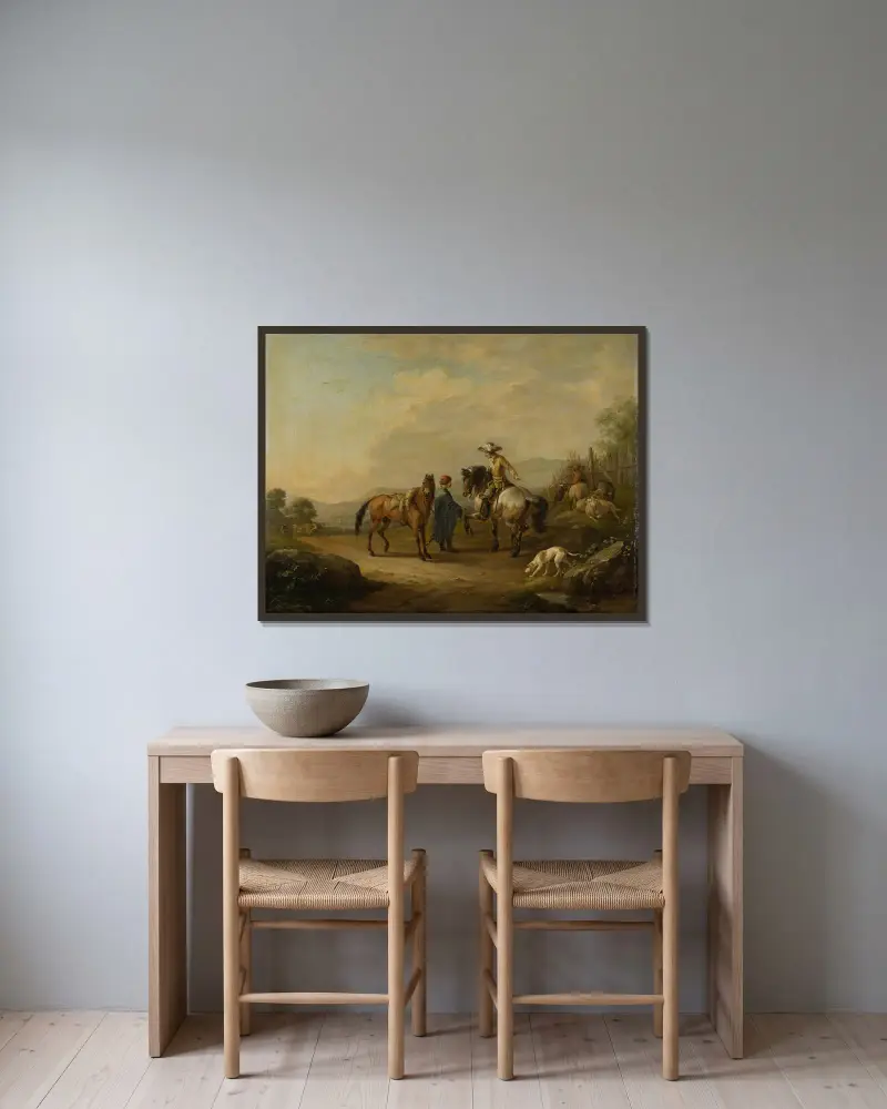 Ein Herr zu Pferd mit seinem Pferdeknecht von Johann Georg Pforr gerahmt an einer Wand