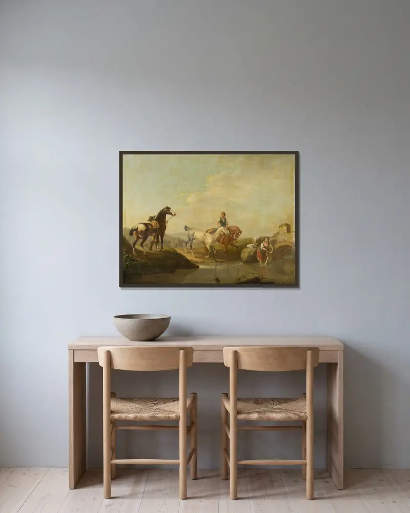 En stalldräng leder två hästar till vattnet av Johann Georg Pforr inramad på en vägg