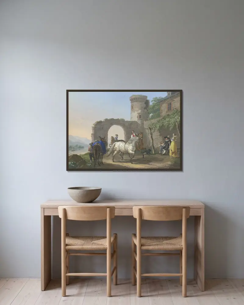 En kavaljer sitter med sin fru och sin son framför sitt hus och låter visa upp en skimmel av Johann Georg Pforr inramad på en vägg