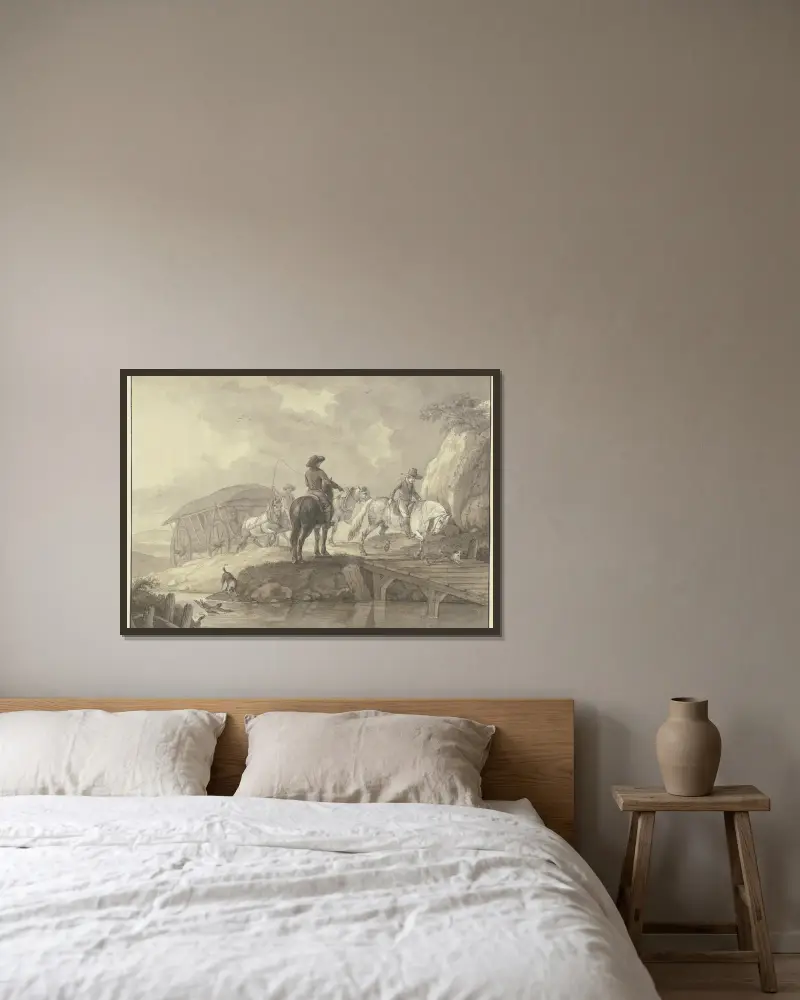 En lastvagn lastad med säckar, åtföljd av två ryttare och två hundar, korsar en bro av Johann Georg Pforr inramad på en vägg