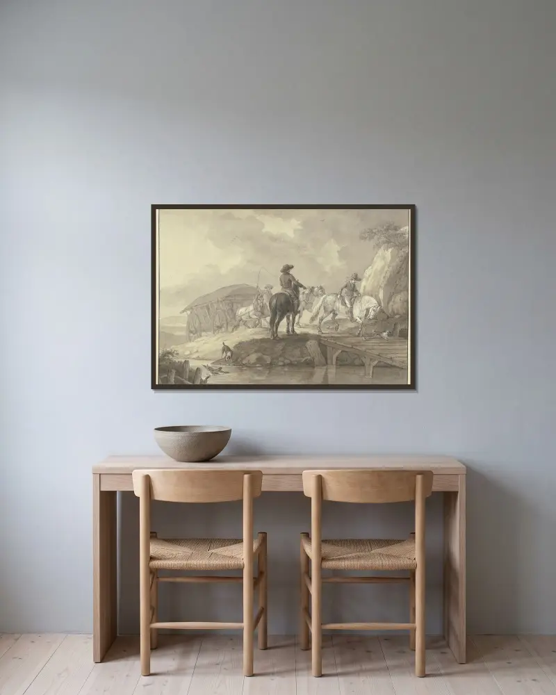 En lastvagn lastad med säckar, åtföljd av två ryttare och två hundar, korsar en bro av Johann Georg Pforr inramad på en vägg
