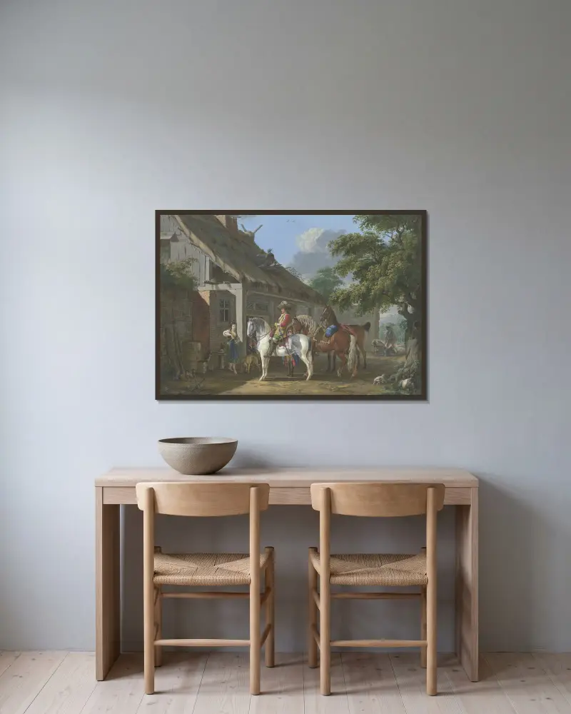 Ein reich gekleideter Kavalier hält mit drei Pferden und einem Diener vor einem Bauernhaus, eine barfüßige junge Frau schenkt ihm ein von Johann Georg Pforr gerahmt an einer Wand