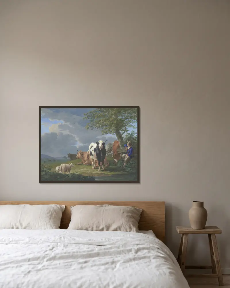 Hirte unter einem Baum mit seiner Rinderherde und zwei Schafen von Johann Georg Pforr gerahmt an einer Wand