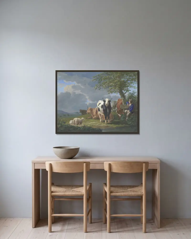 Hirte unter einem Baum mit seiner Rinderherde und zwei Schafen von Johann Georg Pforr gerahmt an einer Wand