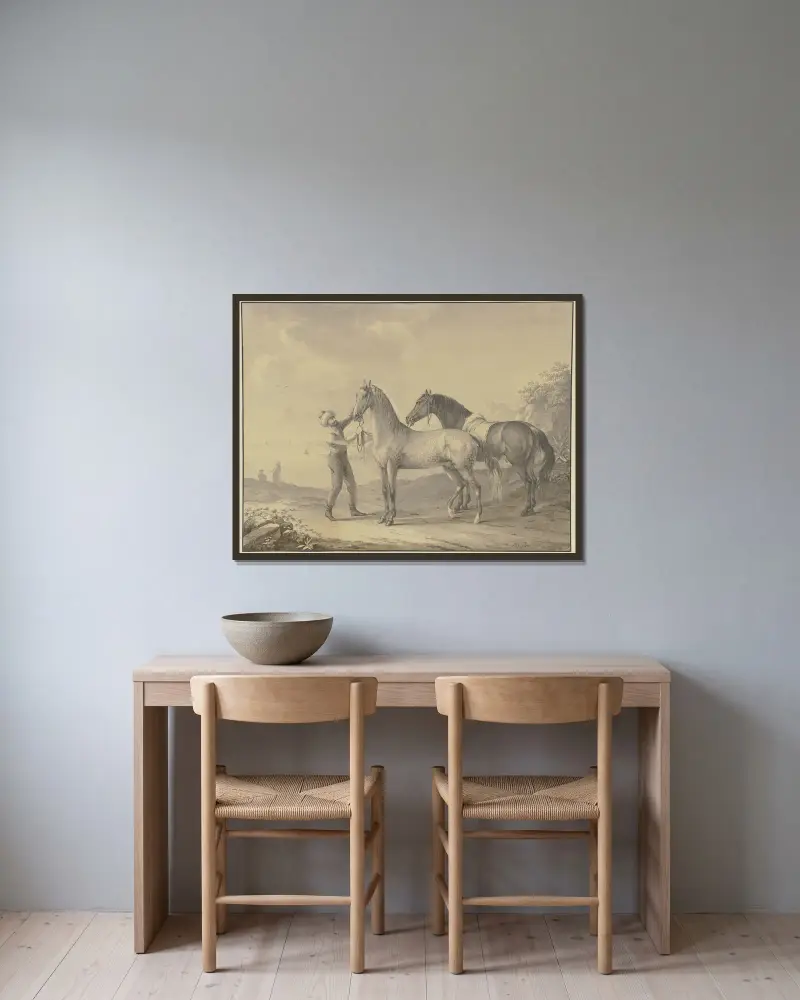 Horses from Tunis av Johann Georg Pforr inramad på en vägg