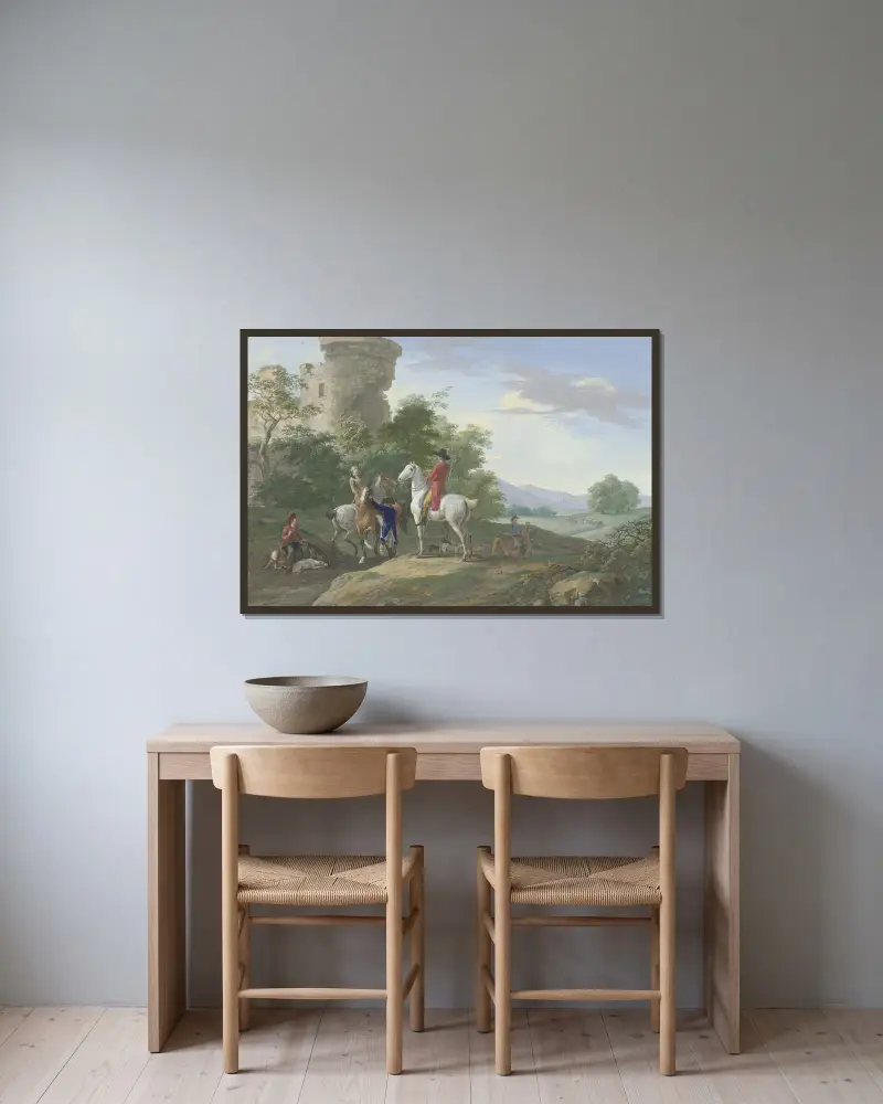 Jäger mit Pferden und Jagdhunden machen bei einer Ruine halt von Johann Georg Pforr gerahmt an einer Wand
